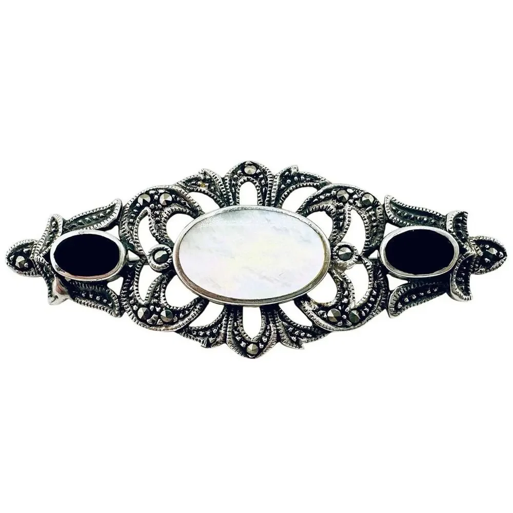 Vintage 925 Victorian Revival Onyx Mother of Pearl Marcasite Filigree Brooch